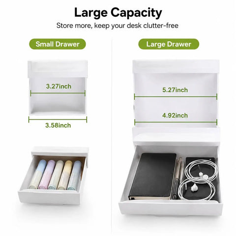 Kick Clutter To The Curb With This Slick Under Desk Drawer Organizer 2 Pack showing small and large drawers with dimensions.