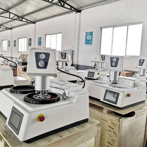 Automatic Metallographic Grinder Polisher Benchtop Machine for Pro Grade Specimen Prep in a laboratory setting with multiple units.