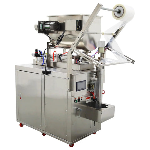 Automatic Pneumatic Paste And Liquid Filling Machine With Stainless Steel Horizontal Mixing Hopper For Sauces Oils Honey And Condiments 10 To 100 ML, side view showing stainless steel construction and hopper.