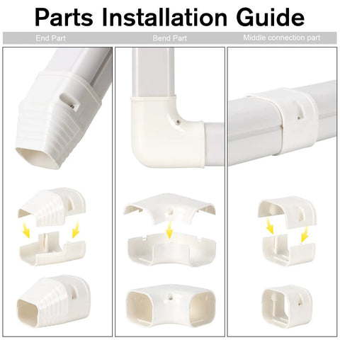 Installation guide for 3 Inch Wide 16.1 Ft Line Set Cover Kit For Mini Split Air Conditioners showing parts and connections.