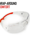 Tough As Nails Frameless Wraparound Safety Glasses with red cushioned nose pad and clear polycarbonate lens.