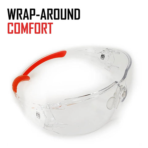 Tough As Nails Frameless Wraparound Safety Glasses with red cushioned nose pad and clear polycarbonate lens.