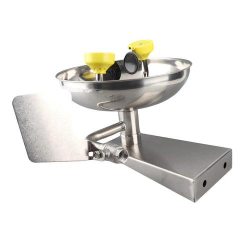 Wall Mounted Emergency Eye Wash Station With Dual Nozzles And Flip Covers, 304 Stainless Steel, Safety Sign Included