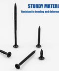 168 Piece Wood Screws Set For Wood And Drywall With Five Sizes From Six By One Half Inch To Six By Three Inch Black Carbon Steel Self Tapping Phillips Flat Head Screws Built Tough For DIYers And Pros displayed on white background showing different lengths
