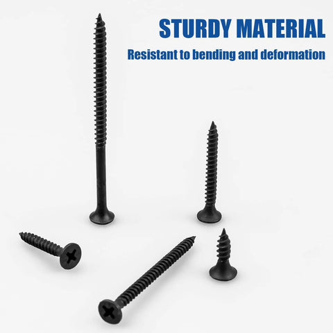 168 Piece Wood Screws Set For Wood And Drywall With Five Sizes From Six By One Half Inch To Six By Three Inch Black Carbon Steel Self Tapping Phillips Flat Head Screws Built Tough For DIYers And Pros displayed on white background showing different lengths