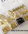 Heavy Duty 125 Piece Picture Hanging Kit With Tough Nails And Wall Anchors For Drywall And Wood Surfaces Handles Big Canvas Loads Like A Champ Every Single Time, gold hooks and nails in organized container.