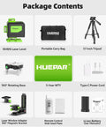 4x360 Self Leveling Laser Level With 60 Inch Tripod kit contents: laser level, carry bag, tripod, base, adapter, remote, battery, manual