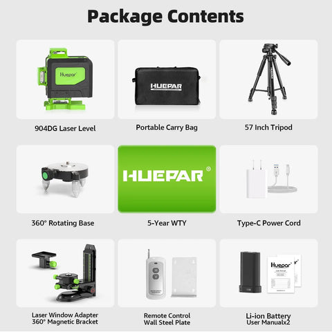 4x360 Self Leveling Laser Level With 60 Inch Tripod kit contents: laser level, carry bag, tripod, base, adapter, remote, battery, manual
