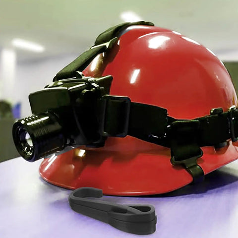 Ten Pack Elastic Cord Hooks Double Sided Plastic Rope Clips for helmets and headlamps shown on a red helmet with clip detail.