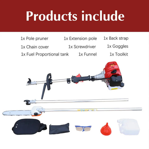 Beast Power Gas Pole Saw With 16 Foot Reach And 42 7cc 2 Stroke Engine shown disassembled with accessories included