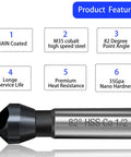 Heavy Duty M35 Cobalt Countersink Drill Bit With TiAlN Coating And 82 Degree Point Angle To Crush Steel And Wood Like A Boss showing features like TiAIN coating and M35 cobalt steel.