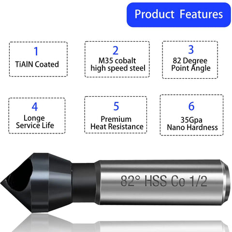 Heavy Duty M35 Cobalt Countersink Drill Bit With TiAlN Coating And 82 Degree Point Angle To Crush Steel And Wood Like A Boss showing features like TiAIN coating and M35 cobalt steel.