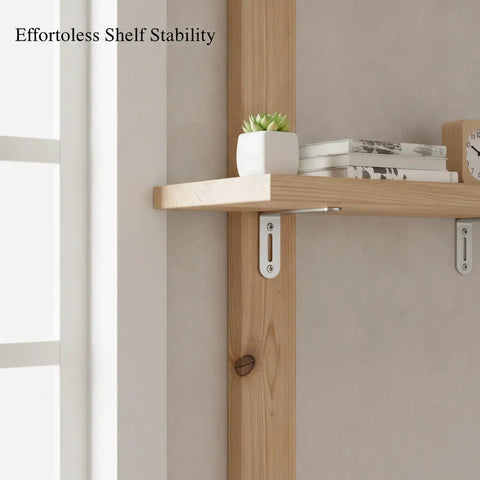 Wooden shelf supported by Stainless Steel L Bracket For Floating Shelves And Wall Mounted Desks, Heavy Duty Adjustable Support