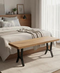 Bedroom with wooden bench featuring Heavy Duty 16 Inch Metal Table Legs Set Of 2 For DIY Coffee Tables, Black Steel Benchtop Legs.
