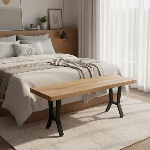 Bedroom with wooden bench featuring Heavy Duty 16 Inch Metal Table Legs Set Of 2 For DIY Coffee Tables, Black Steel Benchtop Legs.