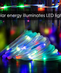 Solar Rope Lights 40 Ft 120 LEDs Multi Color Fairy Lights With 8 Modes glowing in a coil, ideal for outdoor garden decor