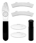 Bike Disc Rotor Truing Fork Repair Tool Kit With Brake Pad Gap Regulators Stainless Steel Adjusting Tools And Tire Reamer Insertion Tool For Precision Bike Brake Maintenance, showing truing fork, gap regulators, and tool canister.