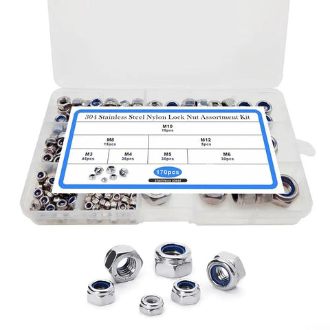Badass 304 Stainless Steel Hex Lock Nuts Kit 170 Count Nylon Insert Fastener in clear storage case with various sizes.