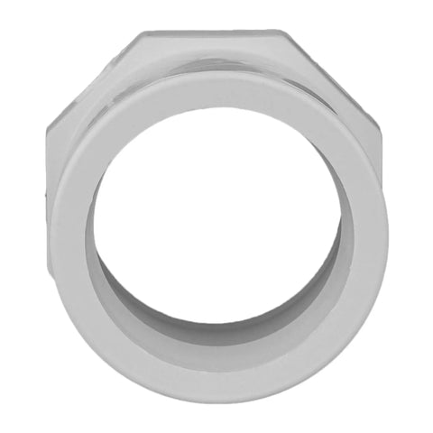 Two And One Half Inch To Two Inch PVC Schedule Forty Reducer Bushing SPGXS For Pressure Systems White Potable Water Fittings Easy Install For Irrigation Sprinklers Pools Outdoor Areas And Cold Water Supply white PVC reducer bushing front view