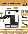 No Fuss Electric Coffee Machine With Built In Milk Frother Barista Grade Cappuccino Maker showing removable water tank and controls.