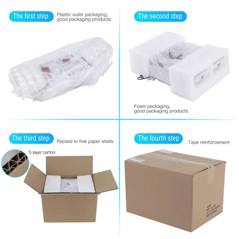 Packaging process of Six Pack LED Emergency Lights For Biz with Battery Backup, showing steps from foam to boxed carton