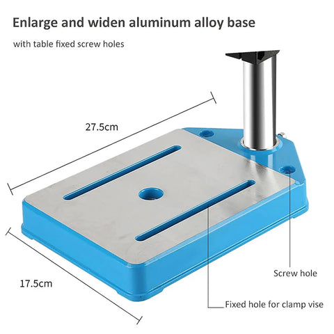 Heavy Duty Drill Press Machine With Rotary Tool, Adjustable Height, showing aluminum alloy base with screw holes, 27.5cm x 17.5cm size.