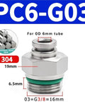 PC6-G03 304 stainless pneumatic fitting for 6mm tube, 3/8 G thread, shown with size markings