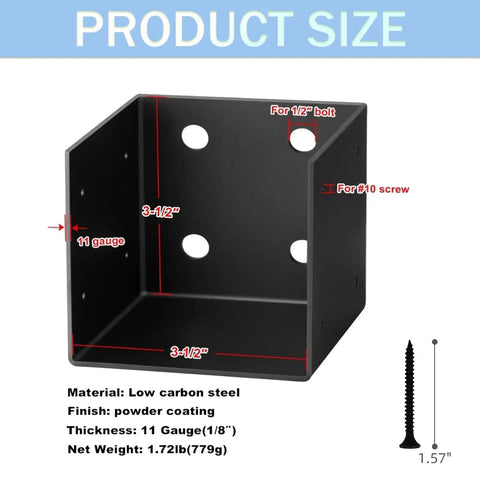 Heavy Duty Pergola Wall Mount Bracket Set For 4x4 And 4x6 Posts, 11 Gauge Steel With Black Powder Coat, Universal Joist Hanger Inner Width Three And One Half Inches, Easy Install For Patio Covers Gazebos And Outdoor Structures, showing dimensions and features