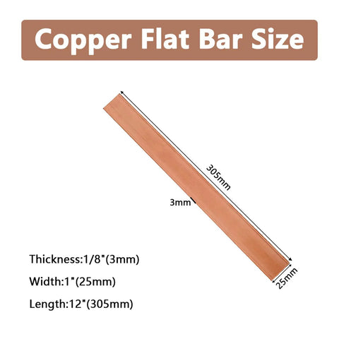 Two Twelve Inch Copper Flat Bars One Eighth Inch Thick One Inch Wide 99.98 Percent Pure C110 Copper For Electrical Connectors DIY Projects Electroplating And Crafting High Conductivity Bar Set dimensions chart