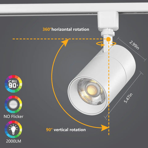 Three Color Temperature 20W LED Track Lighting Heads Dimmable Flicker Free 36 Degree Beam 2000 Lumen Per Head CRI90 Plus 3 Pack