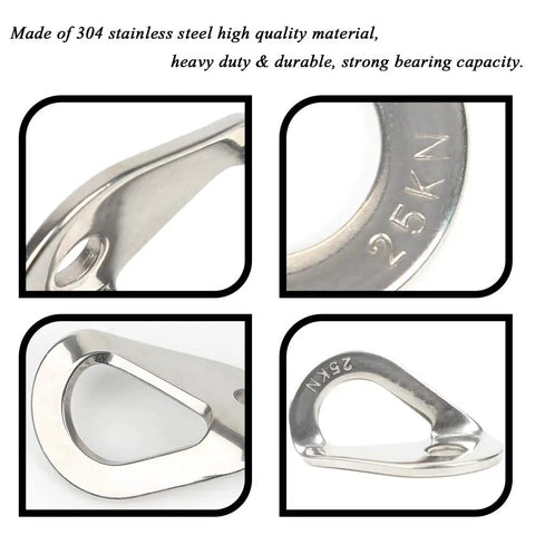 Close-up of Heavy Duty Stainless Steel Climbing Bolt Hanger, showing 25kN strength and M10 thread compatibility.