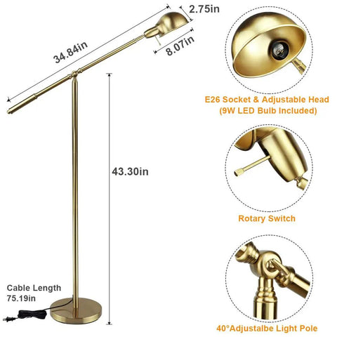 Metal Floor Lamp With Adjustable Swing Arm Reading Light, 9W Brass Task Lamp For Living Room, Bedroom And Office, E26 Bulb Included, Gold Dope Modern Pole Lamp For Home Decor, showing dimensions and features
