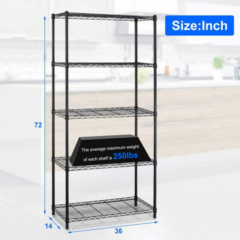 Heavy Duty Steel Wire Storage Shelving For Garage And Kitchen, 5 Shelf Adjustable Rack With 1250 Lb Capacity, No Sweat Assembly Organizer In Black, Killer Quality Storage Rig For Homes Today