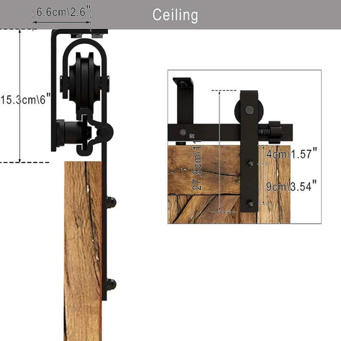 Ceiling Mount Sliding Barn Door Hardware Kit For Low Ceiling With L Shape Brackets, 6 Ft Track, heavy duty carbon steel, installed view.