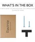 Box contents for 30 Pack 2 Inch Square Cabinet Pulls Matte Black Stainless Steel Kitchen Drawer Pulls and screws for installation.