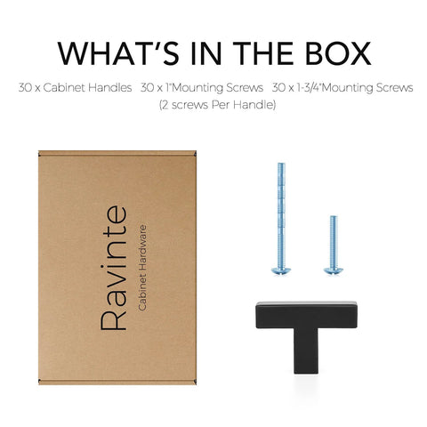 Box contents for 30 Pack 2 Inch Square Cabinet Pulls Matte Black Stainless Steel Kitchen Drawer Pulls and screws for installation.