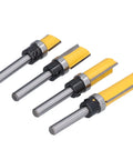 Premium Trim Router Bit Kit With 2 Conventional Blades For Flawless Flush Cuts And Precision Tenon Trimming On Wood MDF Laminate Plywood And Acrylic Materials Without Snagging Or Splintering, showing four trim router bits.