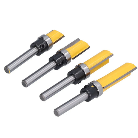 Premium Trim Router Bit Kit With 2 Conventional Blades For Flawless Flush Cuts And Precision Tenon Trimming On Wood MDF Laminate Plywood And Acrylic Materials Without Snagging Or Splintering, showing four trim router bits.