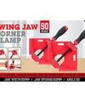 Premium Aluminum Single Handle Corner Clamp For Woodworking With Smooth Rotary Jaw And Dead Tight Grip For Easy Peasy Setup On Any Tight Fitting Cabinet Build displayed at 90 degrees with red finish.