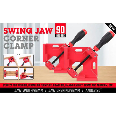 Premium Aluminum Single Handle Corner Clamp For Woodworking With Smooth Rotary Jaw And Dead Tight Grip For Easy Peasy Setup On Any Tight Fitting Cabinet Build displayed at 90 degrees with red finish.