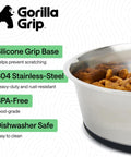 Close-up of stainless steel dog bowl with non-slip rubber base, food-grade 304, heavy-duty, holds four cups, BPA-free, dishwasher safe.