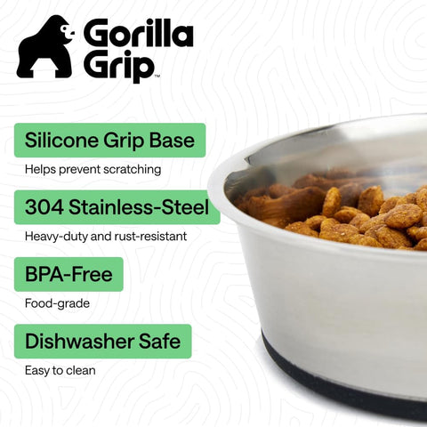 Close-up of stainless steel dog bowl with non-slip rubber base, food-grade 304, heavy-duty, holds four cups, BPA-free, dishwasher safe.