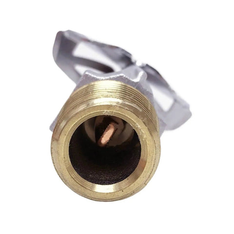 Close-up of Premium Heavy Duty Sidewall Fire Sprinkler Head Packed With Snappy 68 Degree Thermal Glass Bulb, showing threaded connection and bulb.