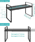 Expandable Cabinet Storage Shelf Organizer Heavy Duty Steel Space Saver For Kitchen Pantry Counter Desk Office And Garage Adjustable Height Black 1 Pack, shown in dimensions and adjustability