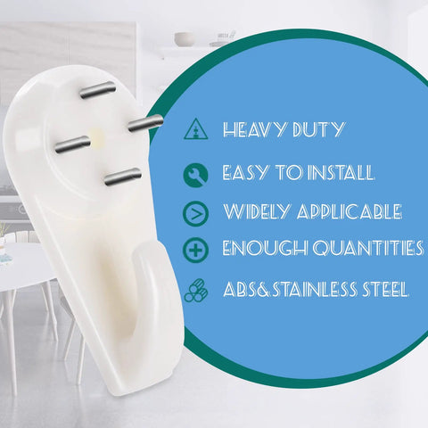 Close-up of heavy-duty ABS plastic picture hanger for concrete walls, no drill needed, labeled features, 40 pack.
