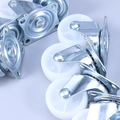 8 Pcs Inch PP Swivel Caster for Furniture and Office Chairs showing metal swivel casters with white polyproylene wheels.