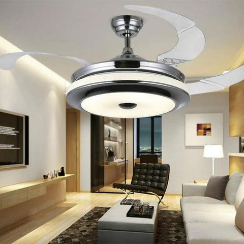 36 Inch Invisible Ceiling Fan With Remote Control, Retractable Clear Blades, Chandelier Fandelier With Light in modern living room