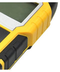 Close-up view of the Dead On Accurate Wall Scanner And Stud Finder, highlighting its durable yellow and black design and LCD display.