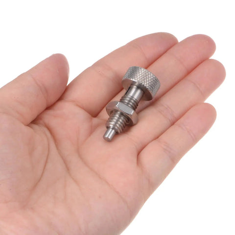Heavy Duty M8 Spring Plunger With Knurled Handle 4mm Pin Stainless Steel Non Locking Retractable Release Pin in hand.