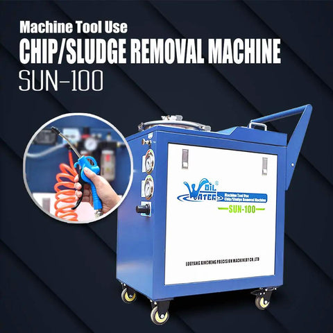 Rock Solid Pneumatic Chip And Sludge Removal Machine For Cnc Coolant Disposal System With High Flow Pump that features blue casing and wheels.